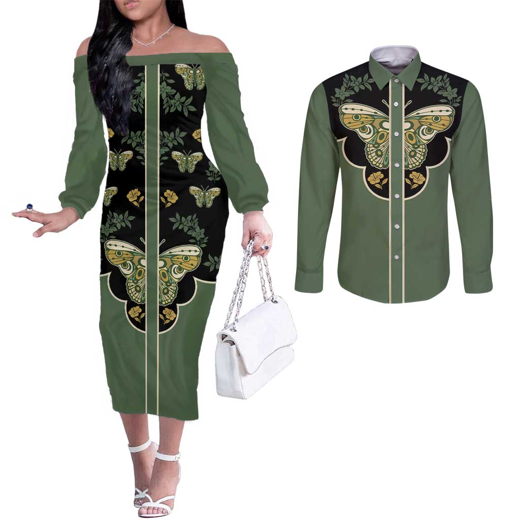 Retro Butterfly Couples Matching Off The Shoulder Long Sleeve Dress and Long Sleeve Button Shirt Western Yoke Style - Wonder Print Shop