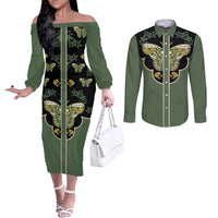 Retro Butterfly Couples Matching Off The Shoulder Long Sleeve Dress and Long Sleeve Button Shirt Western Yoke Style - Wonder Print Shop