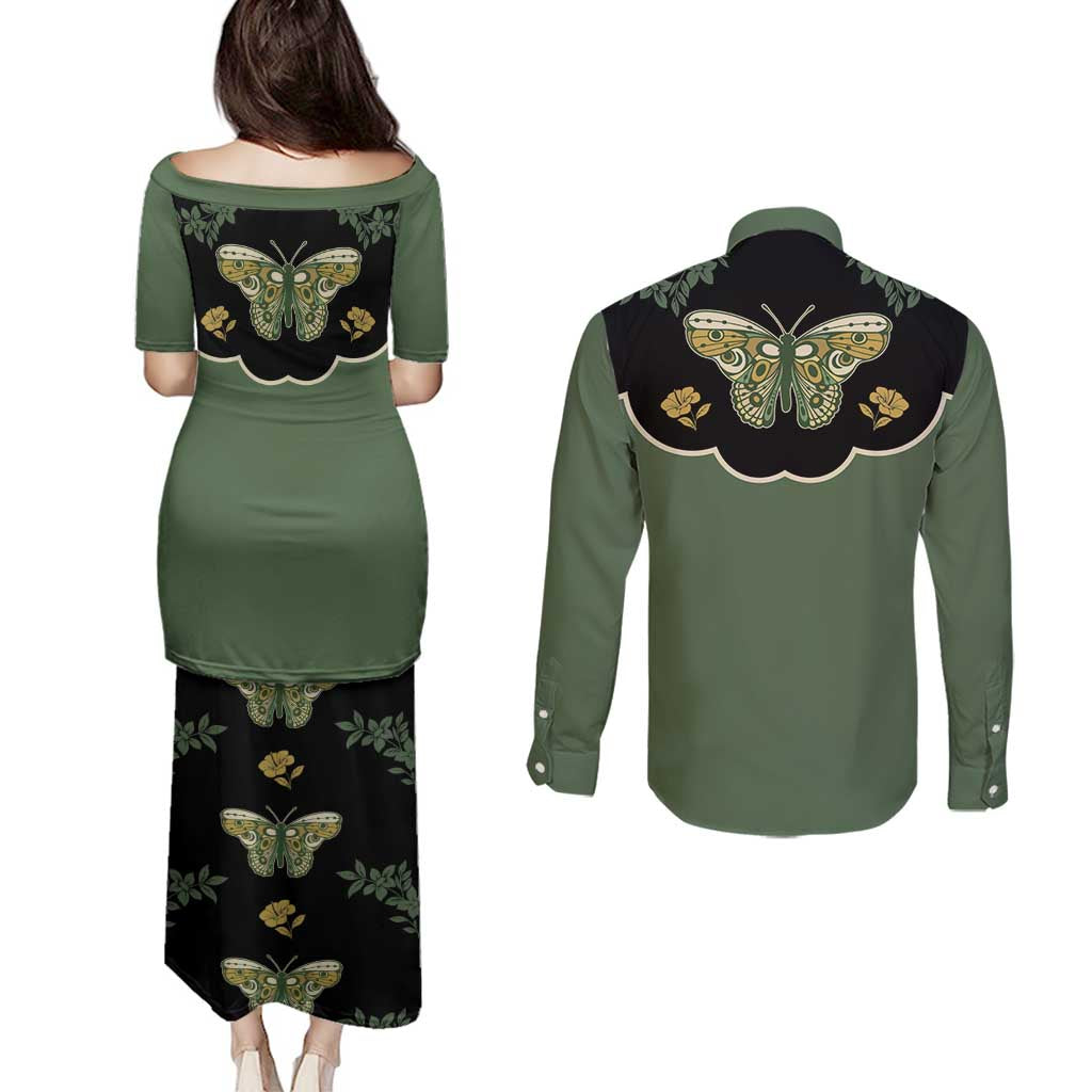 Retro Butterfly Couples Matching Puletasi and Long Sleeve Button Shirt Western Yoke Style - Wonder Print Shop