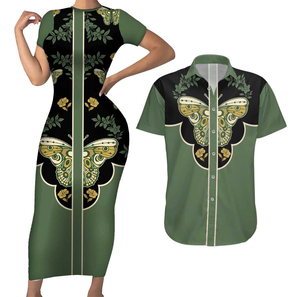 Retro Butterfly Couples Matching Short Sleeve Bodycon Dress and Hawaiian Shirt Western Yoke Style - Wonder Print Shop