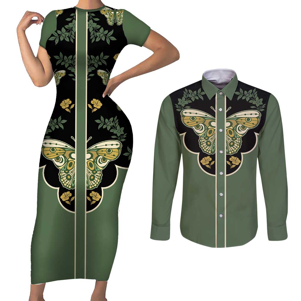 Retro Butterfly Couples Matching Short Sleeve Bodycon Dress and Long Sleeve Button Shirt Western Yoke Style - Wonder Print Shop