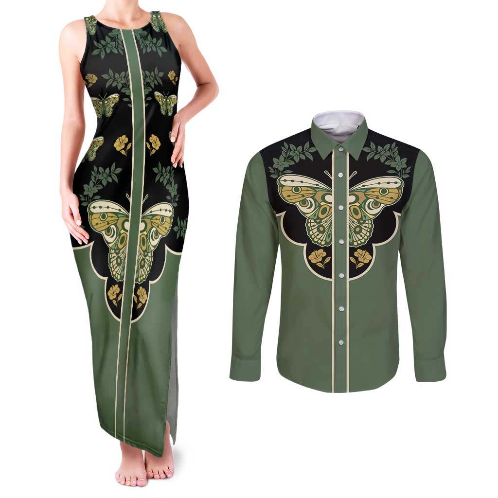 Retro Butterfly Couples Matching Tank Maxi Dress and Long Sleeve Button Shirt Western Yoke Style - Wonder Print Shop
