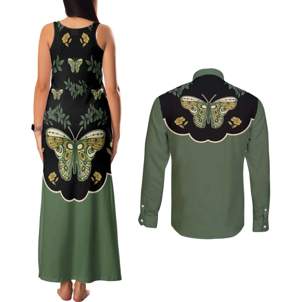 Retro Butterfly Couples Matching Tank Maxi Dress and Long Sleeve Button Shirt Western Yoke Style - Wonder Print Shop