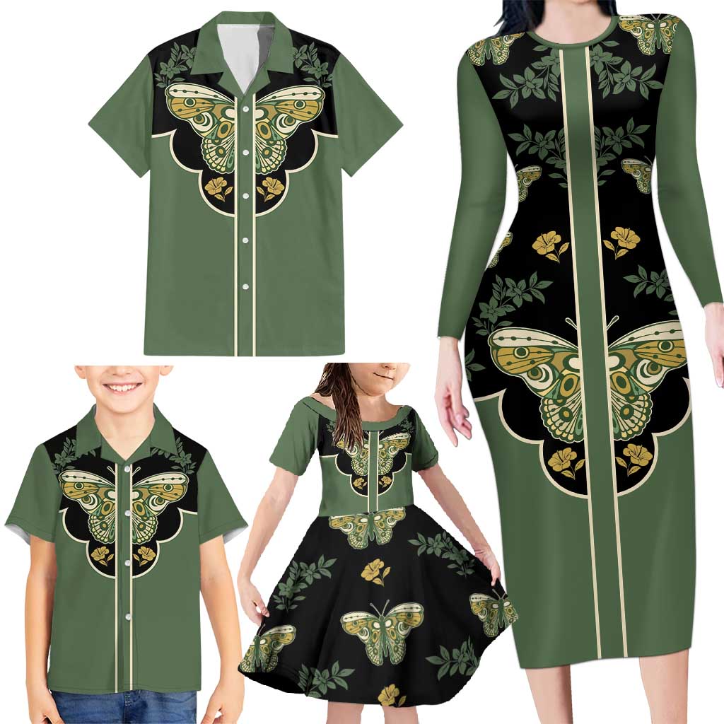 Retro Butterfly Family Matching Long Sleeve Bodycon Dress and Hawaiian Shirt Western Yoke Style - Wonder Print Shop