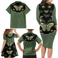 Retro Butterfly Family Matching Long Sleeve Bodycon Dress and Hawaiian Shirt Western Yoke Style - Wonder Print Shop