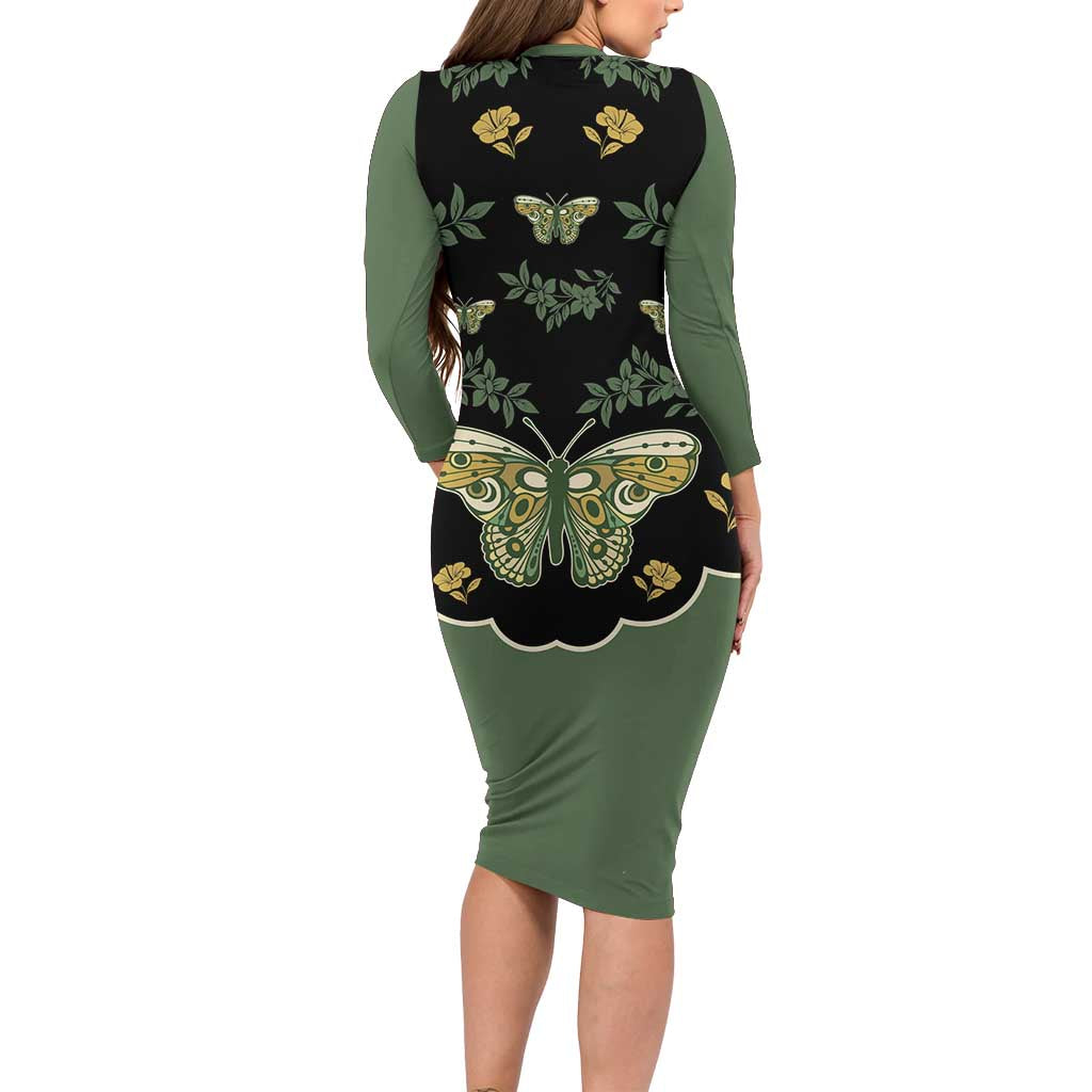 Retro Butterfly Family Matching Long Sleeve Bodycon Dress and Hawaiian Shirt Western Yoke Style - Wonder Print Shop