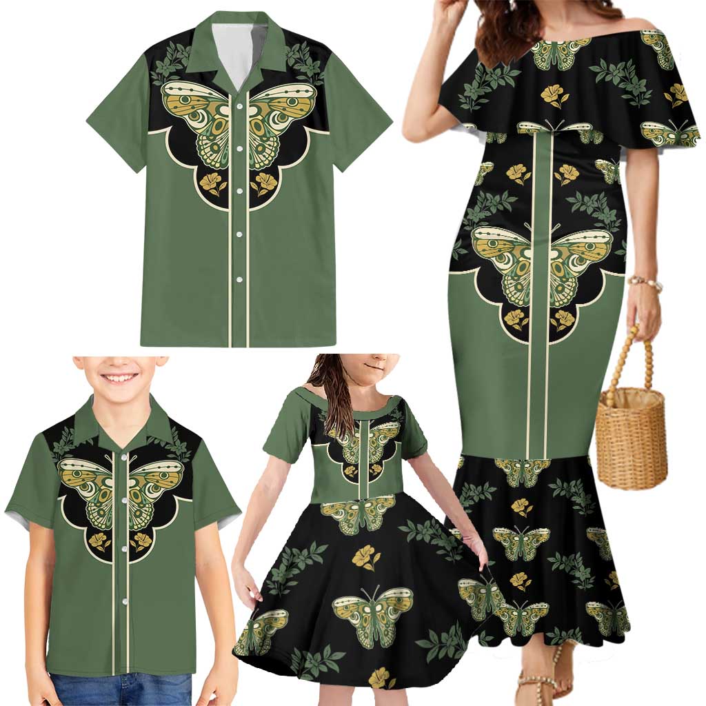 Retro Butterfly Family Matching Mermaid Dress and Hawaiian Shirt Western Yoke Style - Wonder Print Shop