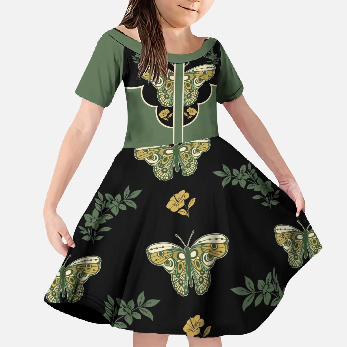 Retro Butterfly Family Matching Off The Shoulder Long Sleeve Dress and Hawaiian Shirt Western Yoke Style - Wonder Print Shop