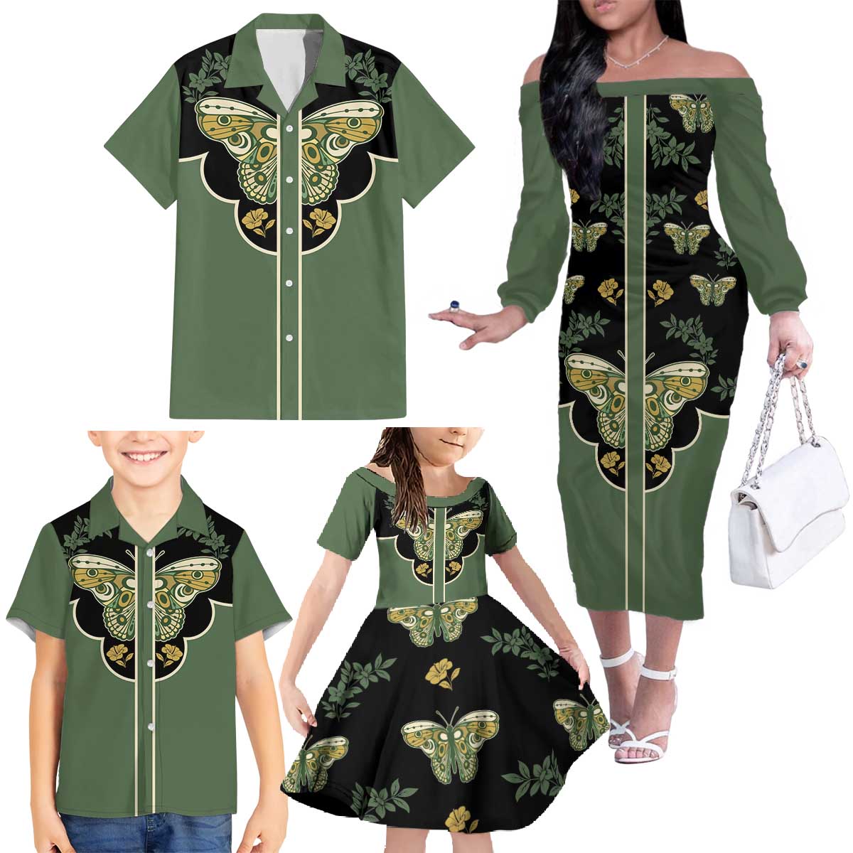 Retro Butterfly Family Matching Off The Shoulder Long Sleeve Dress and Hawaiian Shirt Western Yoke Style - Wonder Print Shop