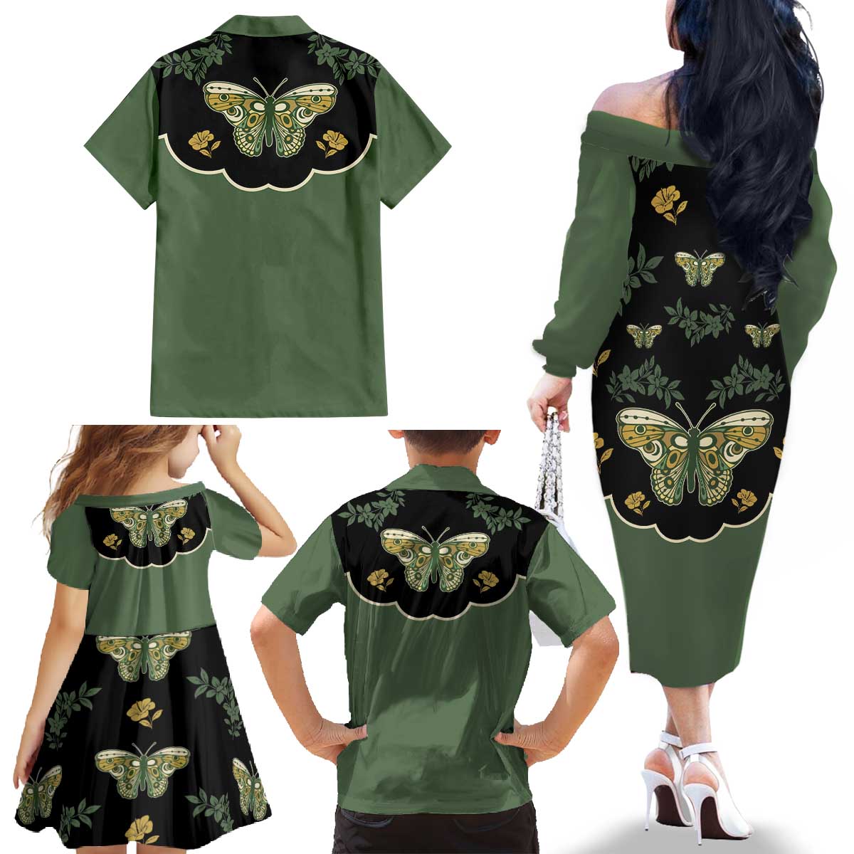 Retro Butterfly Family Matching Off The Shoulder Long Sleeve Dress and Hawaiian Shirt Western Yoke Style - Wonder Print Shop