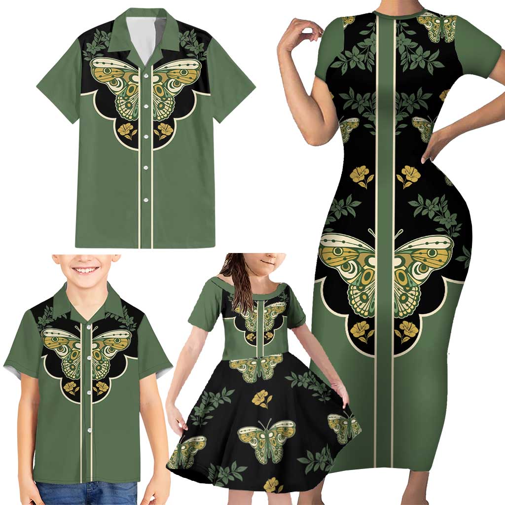 Retro Butterfly Family Matching Short Sleeve Bodycon Dress and Hawaiian Shirt Western Yoke Style - Wonder Print Shop