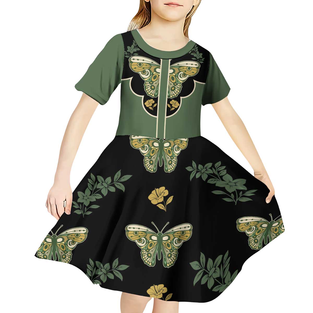 Retro Butterfly Kid Short Sleeve Dress Western Yoke Style - Wonder Print Shop