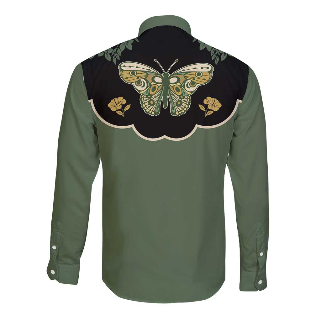 Retro Butterfly Long Sleeve Button Shirt Western Yoke Style - Wonder Print Shop