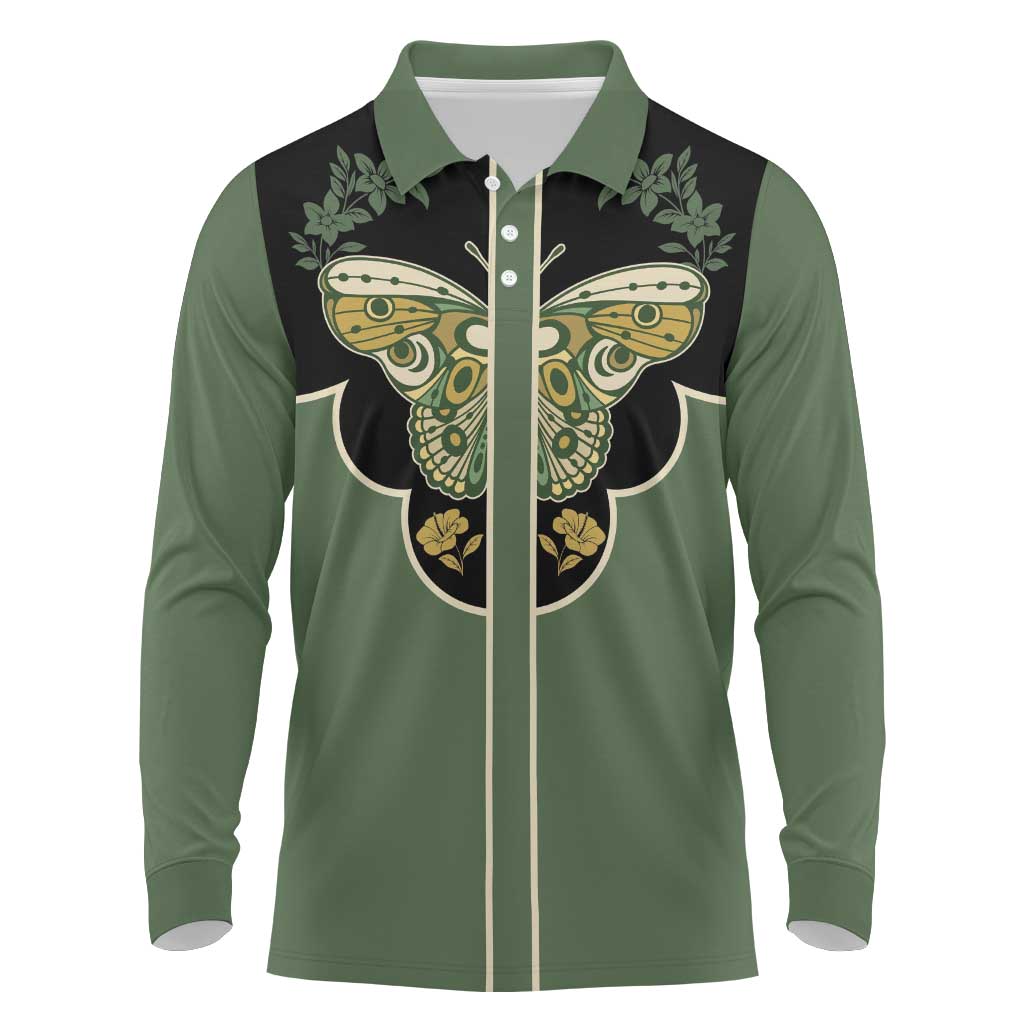 Retro Butterfly Long Sleeve Polo Shirt Western Yoke Style - Wonder Print Shop