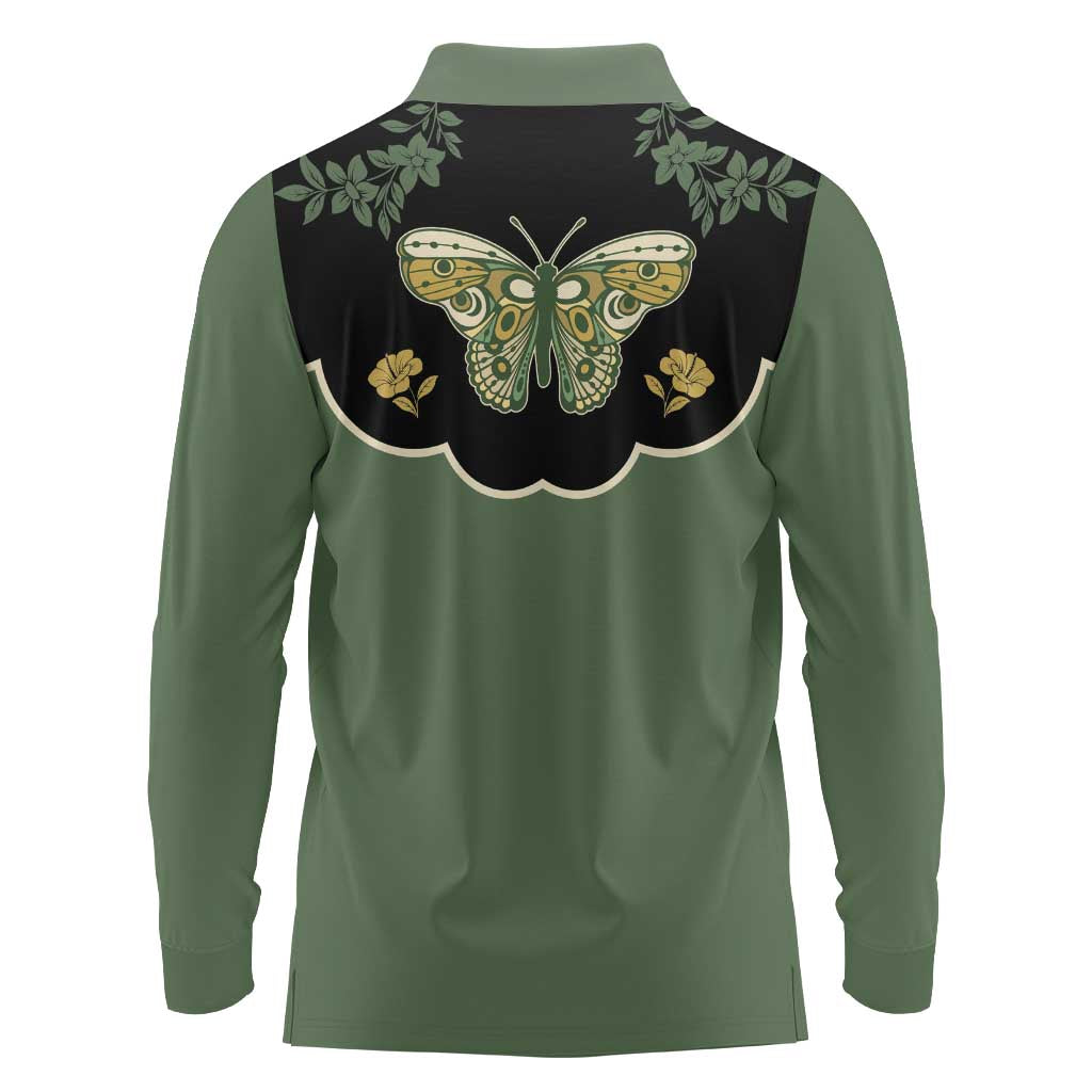 Retro Butterfly Long Sleeve Polo Shirt Western Yoke Style - Wonder Print Shop