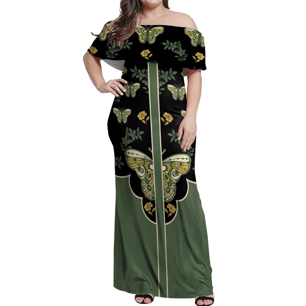 Retro Butterfly Off Shoulder Maxi Dress Western Yoke Style - Wonder Print Shop