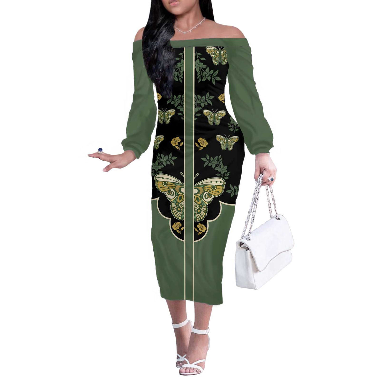 Retro Butterfly Off The Shoulder Long Sleeve Dress Western Yoke Style - Wonder Print Shop
