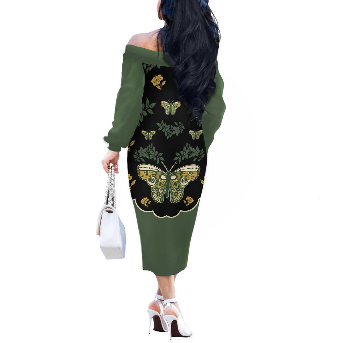 Retro Butterfly Off The Shoulder Long Sleeve Dress Western Yoke Style - Wonder Print Shop