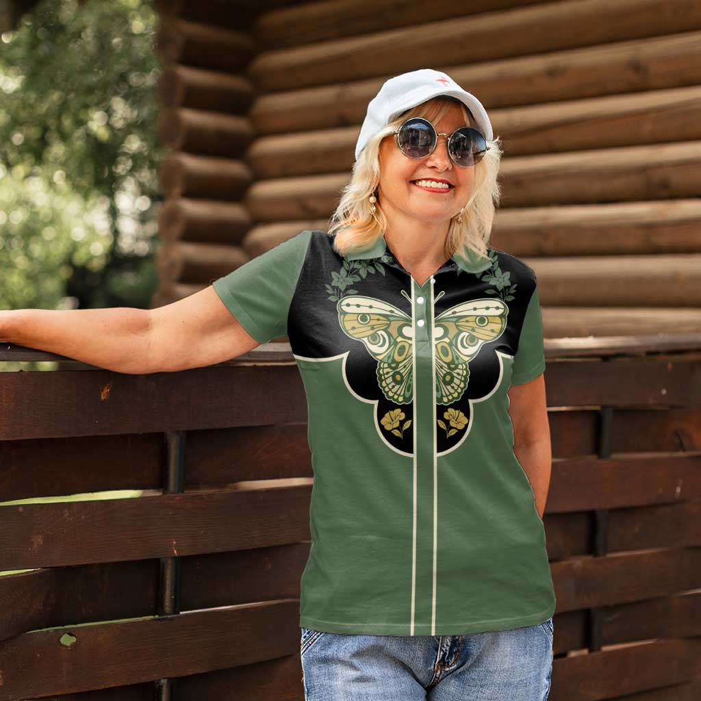 Retro Butterfly Women Polo Shirt Western Yoke Style - Wonder Print Shop
