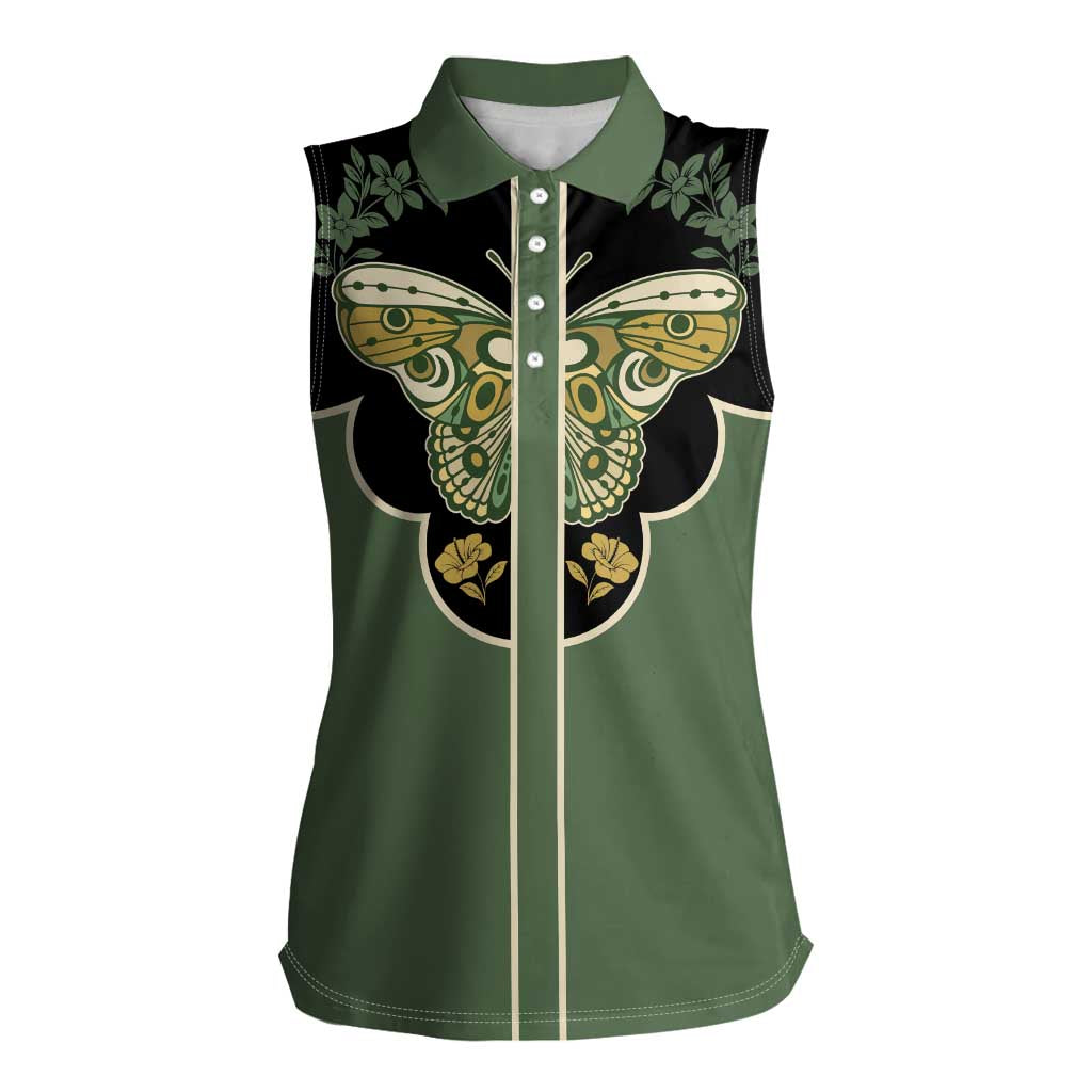 Retro Butterfly Women Sleeveless Polo Shirt Western Yoke Style - Wonder Print Shop