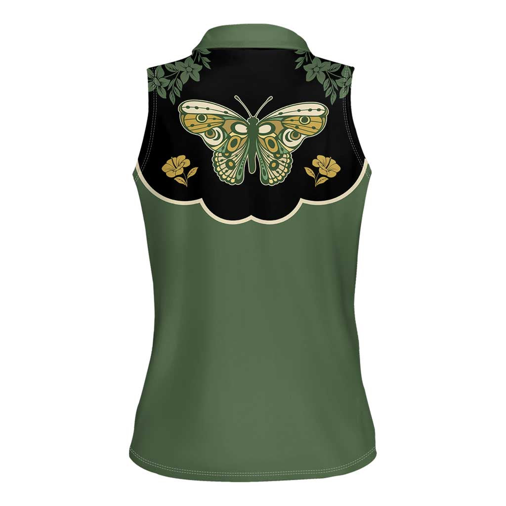 Retro Butterfly Women Sleeveless Polo Shirt Western Yoke Style - Wonder Print Shop