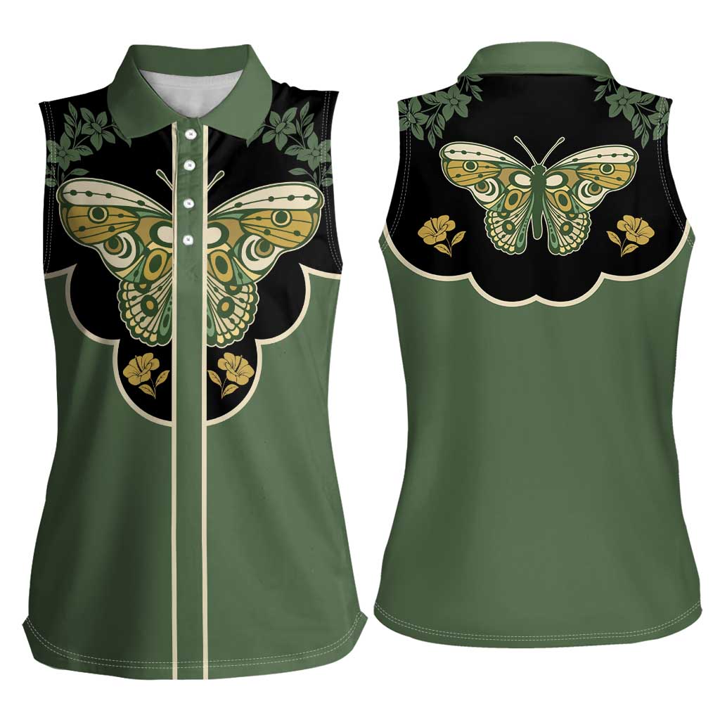 Retro Butterfly Women Sleeveless Polo Shirt Western Yoke Style - Wonder Print Shop
