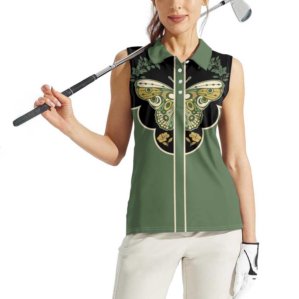 Retro Butterfly Women Sleeveless Polo Shirt Western Yoke Style - Wonder Print Shop