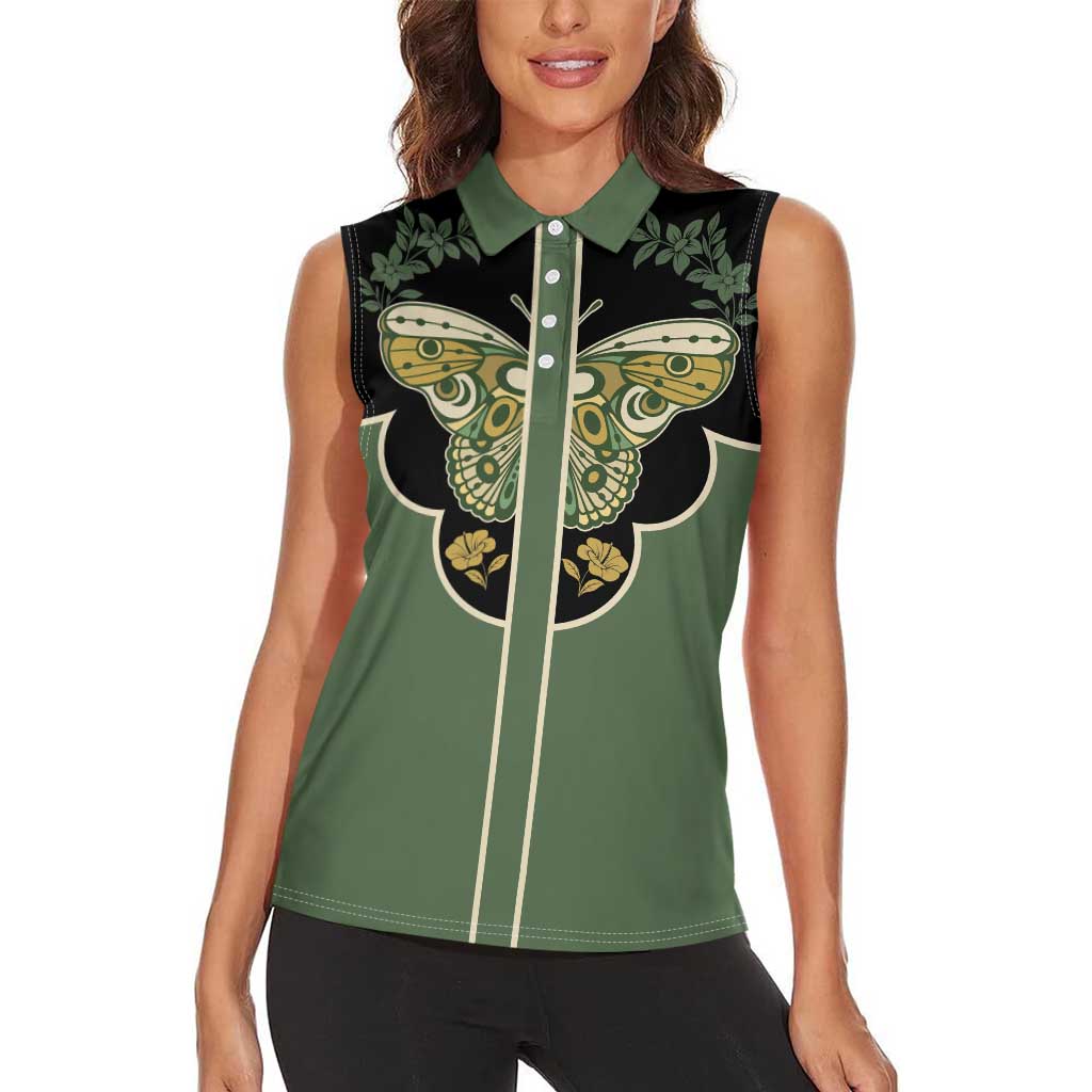 Retro Butterfly Women Sleeveless Polo Shirt Western Yoke Style - Wonder Print Shop