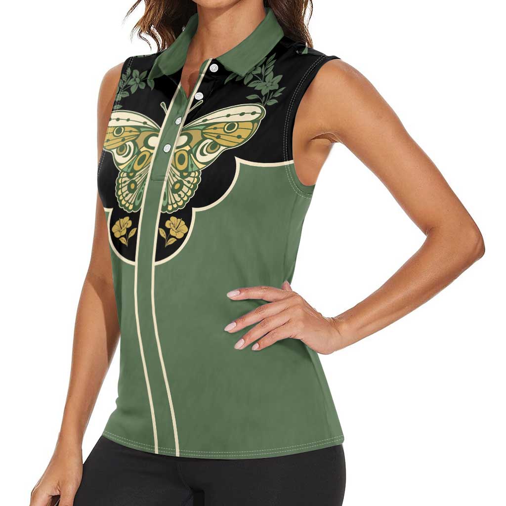 Retro Butterfly Women Sleeveless Polo Shirt Western Yoke Style - Wonder Print Shop