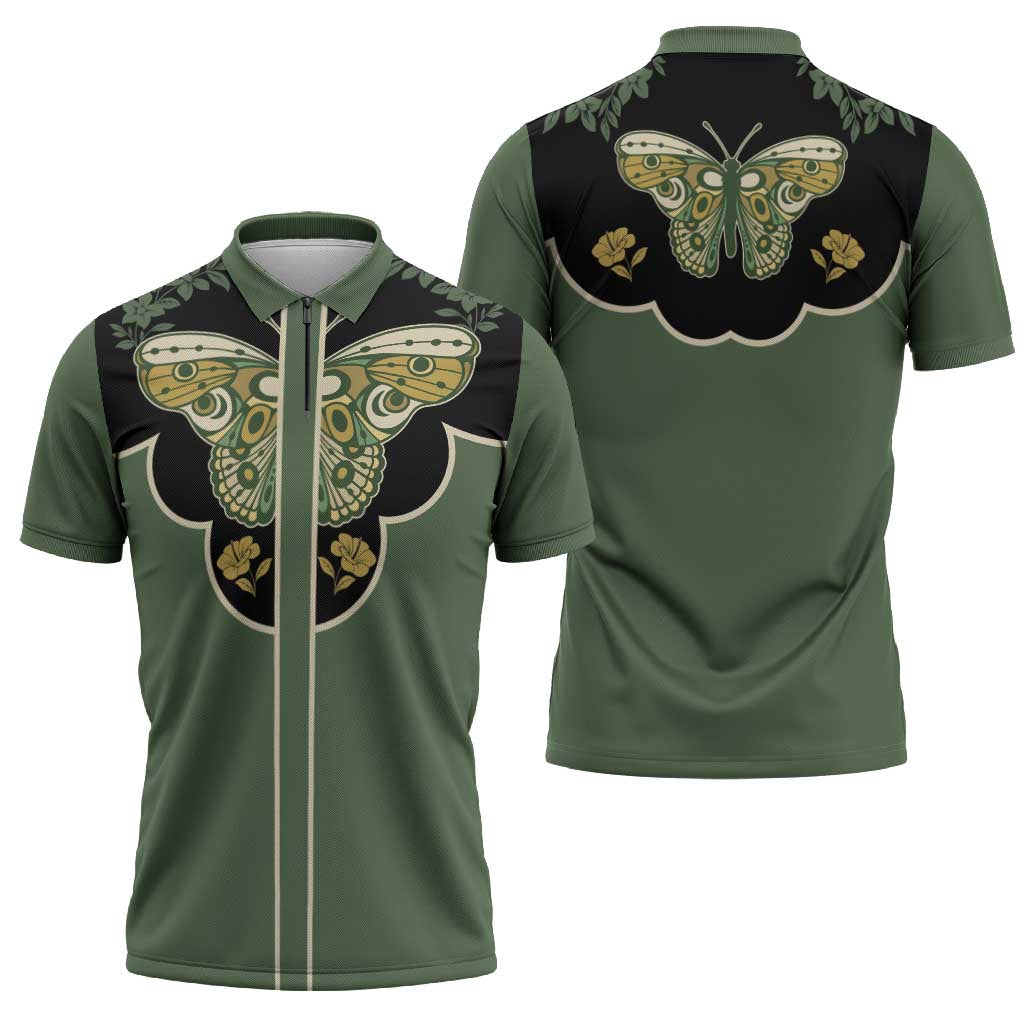 Retro Butterfly Zipper Polo Shirt Western Yoke Style - Wonder Print Shop