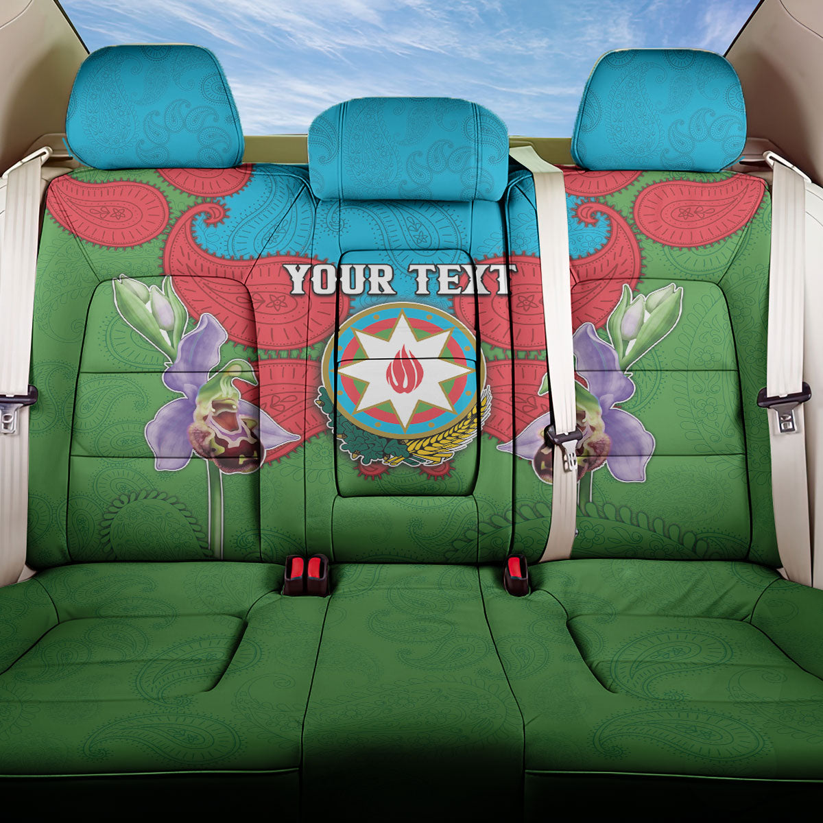 Personalized Azerbaijan Back Car Seat Cover Khari Bulbul Buta Pattern Emblem Flame
