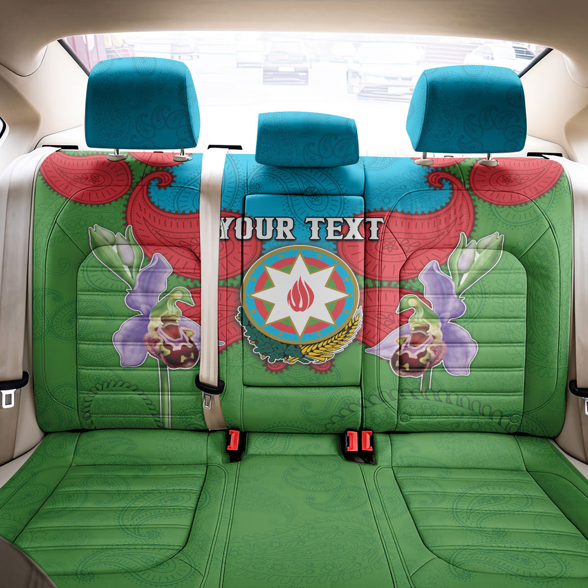 Personalized Azerbaijan Back Car Seat Cover Khari Bulbul Buta Pattern Emblem Flame