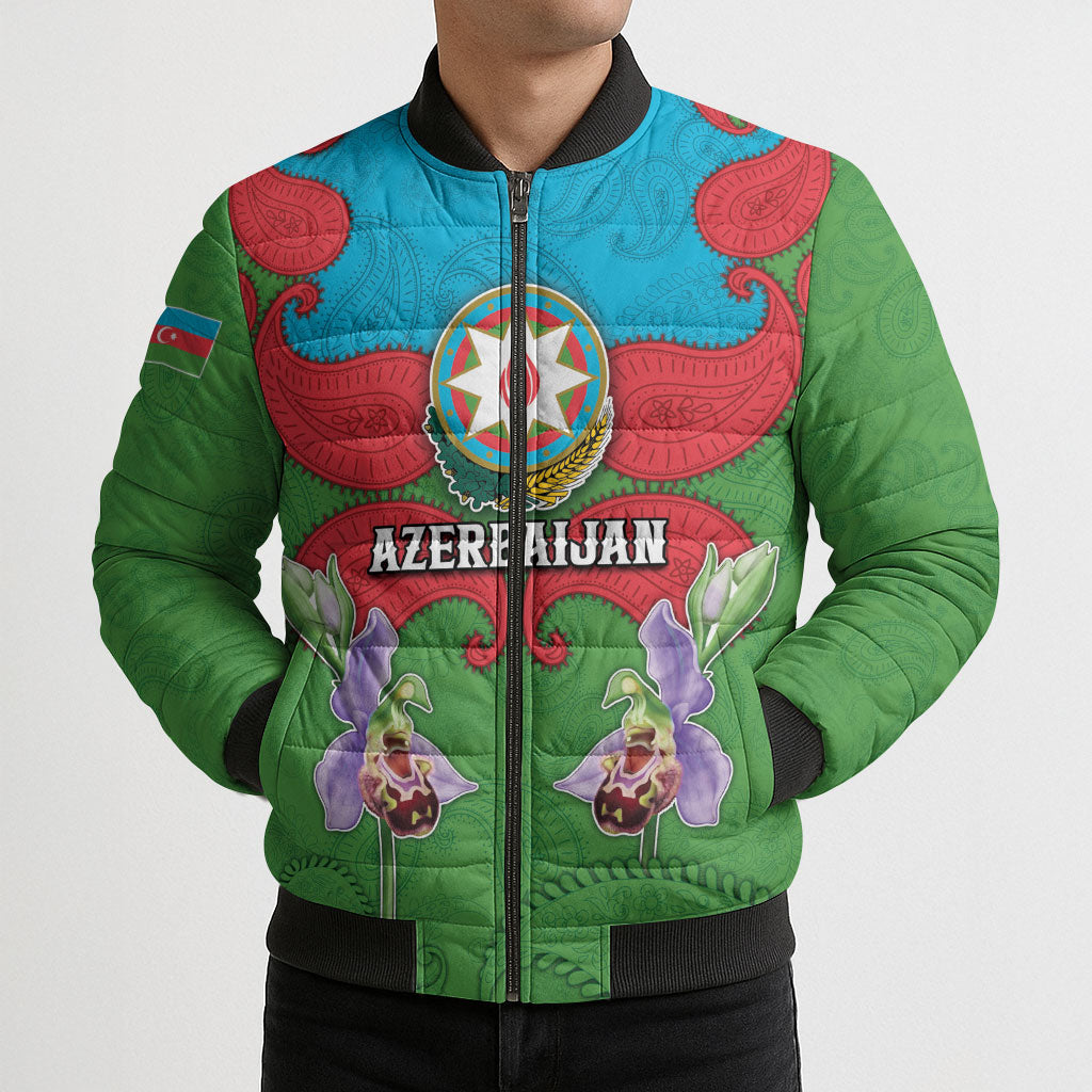 Personalized Azerbaijan Bomber Puffer Jacket Khari Bulbul Buta Pattern Emblem Flame