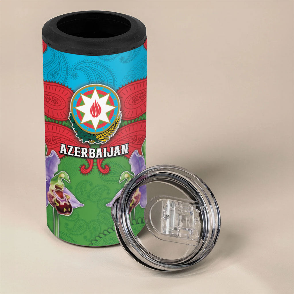 Personalized Azerbaijan 4 in 1 Can Cooler Tumbler Khari Bulbul Buta Pattern Emblem Flame