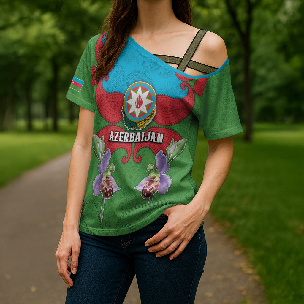 Personalized Azerbaijan Cross Shoulder Shirt Khari Bulbul Buta Pattern Emblem Flame