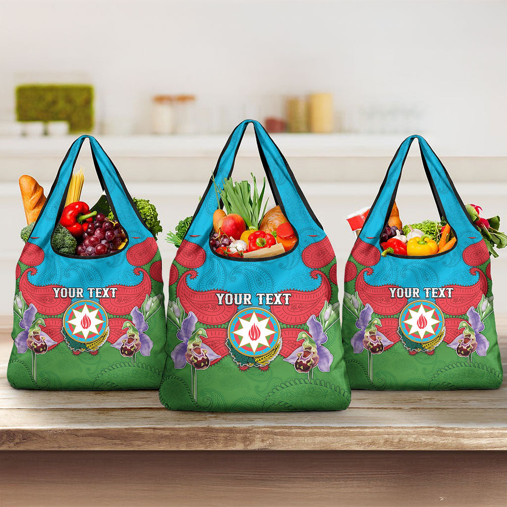 Personalized Azerbaijan Grocery Bag Khari Bulbul Buta Pattern Emblem Flame