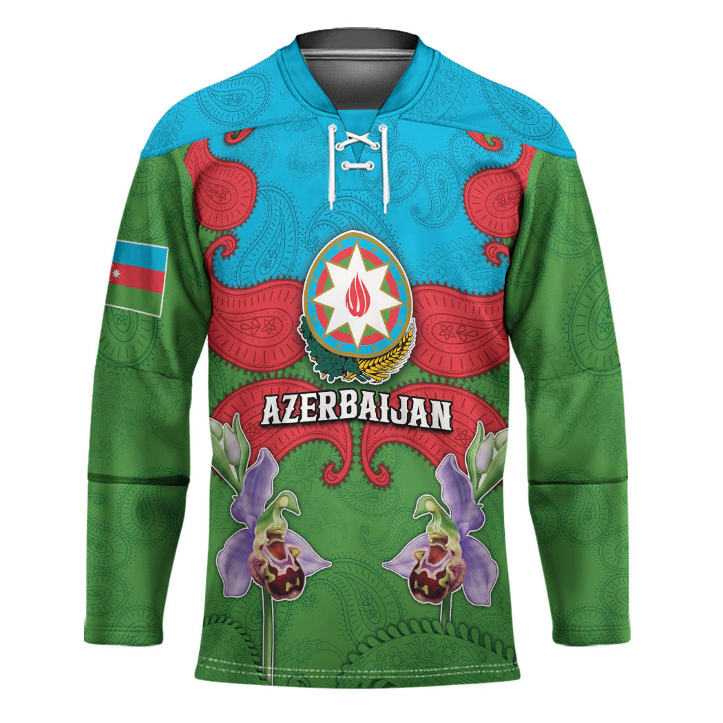 Personalized Azerbaijan Hockey Jersey Khari Bulbul Buta Pattern Emblem Flame