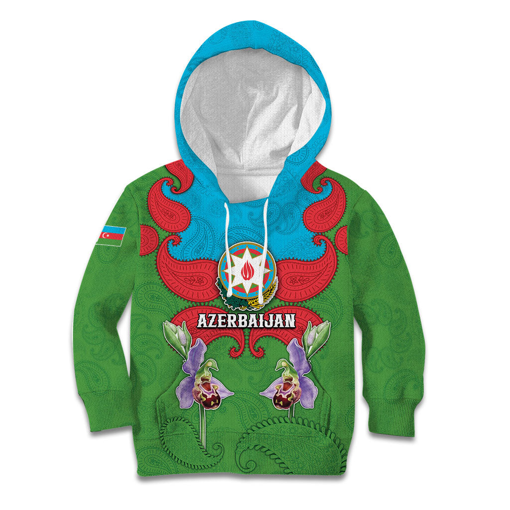 Personalized Azerbaijan Kid Hoodie Khari Bulbul Buta Pattern Emblem Flame