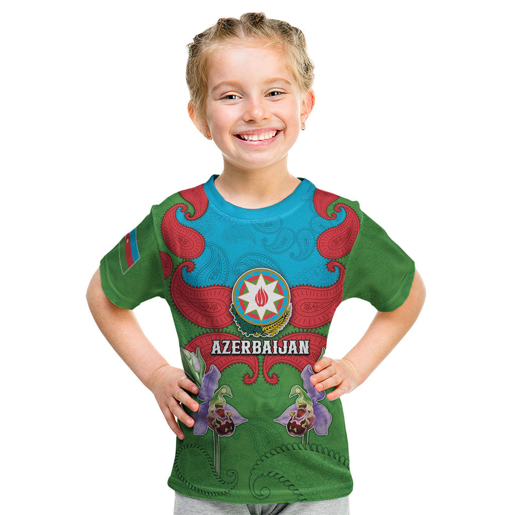 Personalized Azerbaijan Kid T Shirt Khari Bulbul Buta Pattern Emblem Flame
