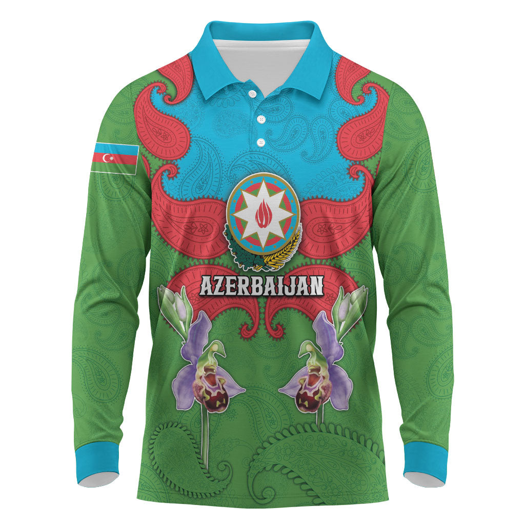 Personalized Azerbaijan Long Sleeve Polo Shirt Khari Bulbul Buta Pattern Emblem Flame