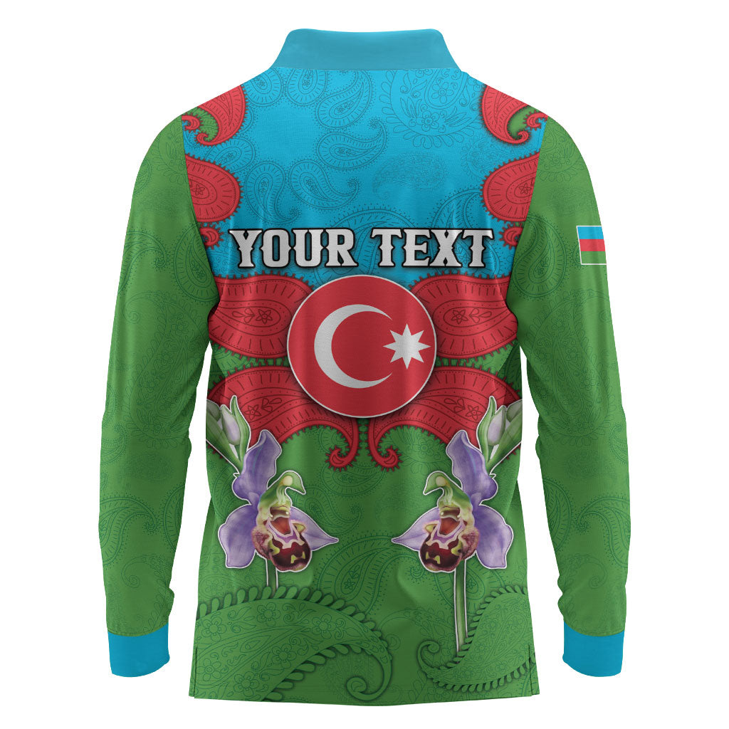 Personalized Azerbaijan Long Sleeve Polo Shirt Khari Bulbul Buta Pattern Emblem Flame