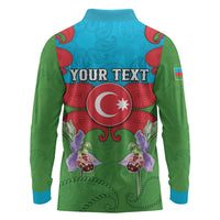 Personalized Azerbaijan Long Sleeve Polo Shirt Khari Bulbul Buta Pattern Emblem Flame