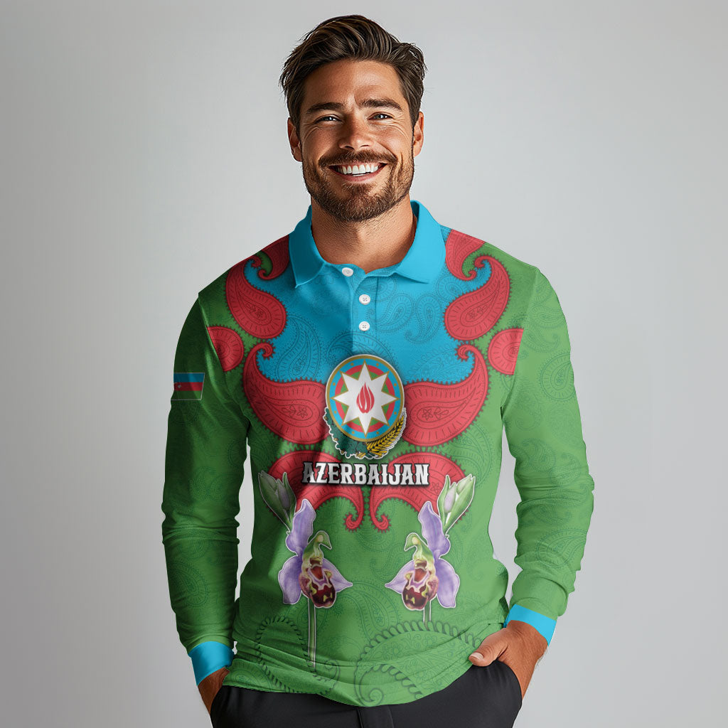 Personalized Azerbaijan Long Sleeve Polo Shirt Khari Bulbul Buta Pattern Emblem Flame