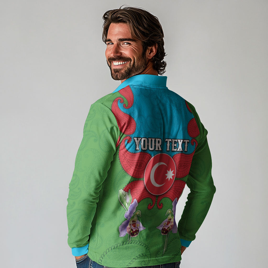 Personalized Azerbaijan Long Sleeve Polo Shirt Khari Bulbul Buta Pattern Emblem Flame