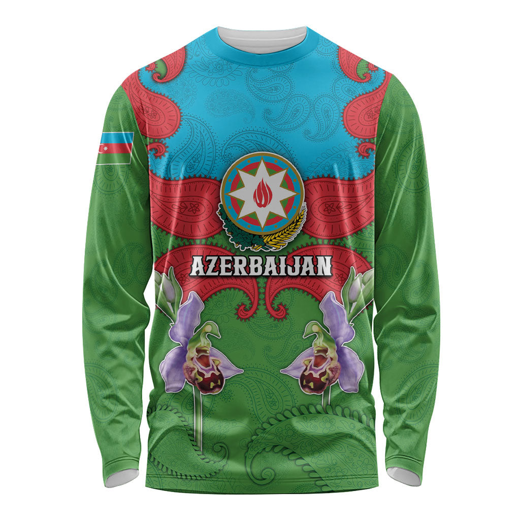 Personalized Azerbaijan Long Sleeve Shirt Khari Bulbul Buta Pattern Emblem Flame