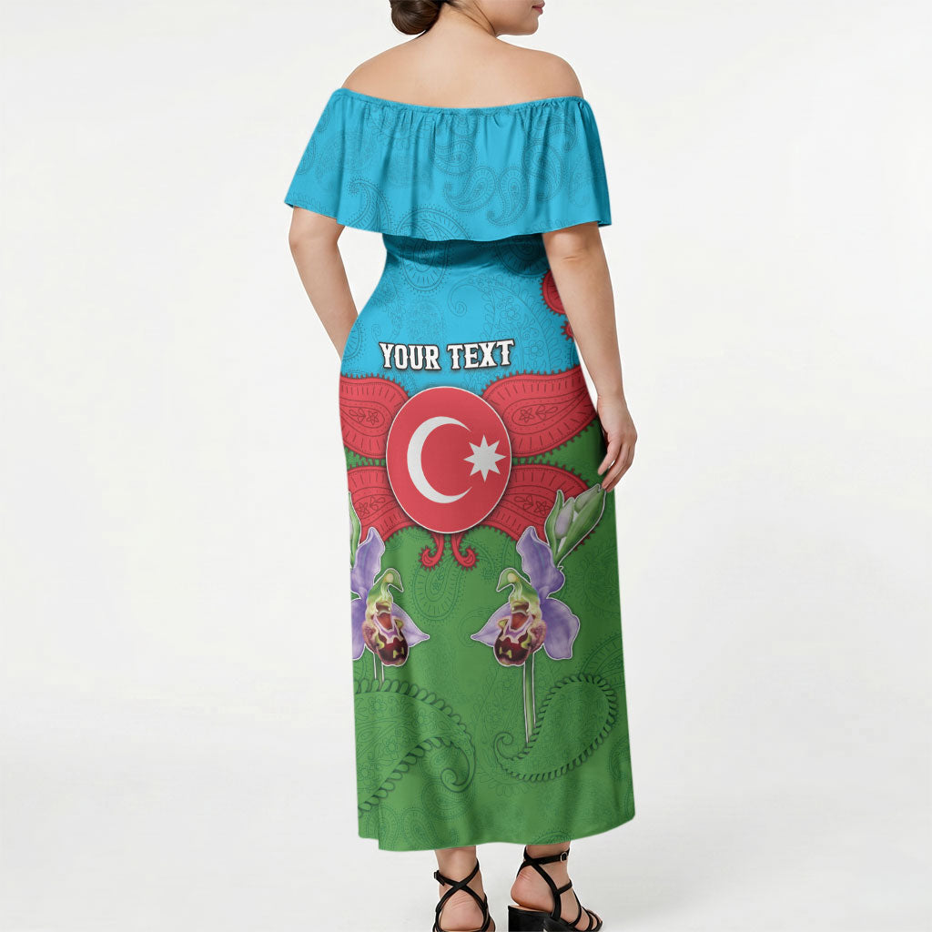 Personalized Azerbaijan Off Shoulder Maxi Dress Khari Bulbul Buta Pattern Emblem Flame