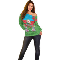 Personalized Azerbaijan Off Shoulder Sweater Khari Bulbul Buta Pattern Emblem Flame
