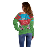 Personalized Azerbaijan Off Shoulder Sweater Khari Bulbul Buta Pattern Emblem Flame