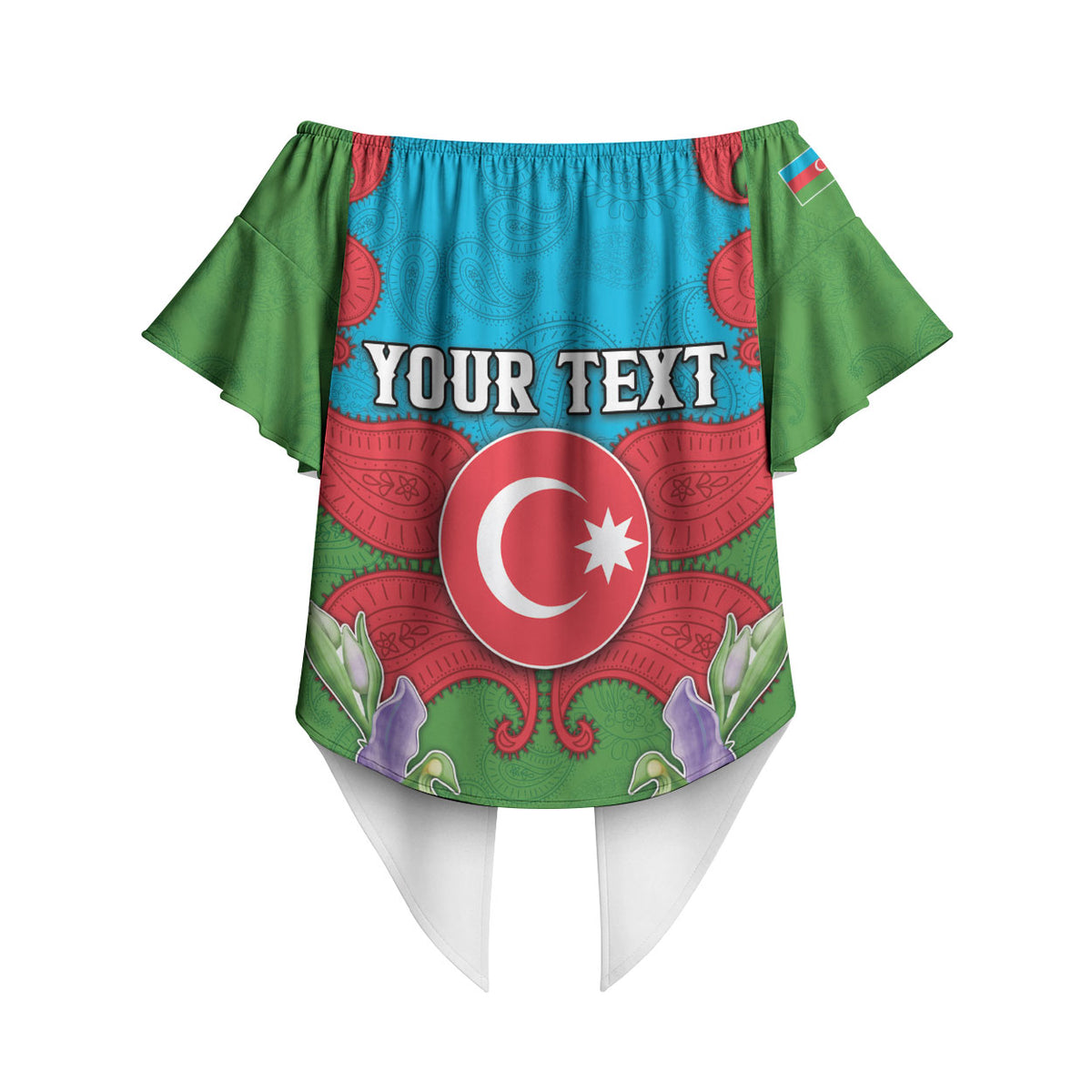 Personalized Azerbaijan Off Shoulder Wrap Waist Top Khari Bulbul Buta Pattern Emblem Flame