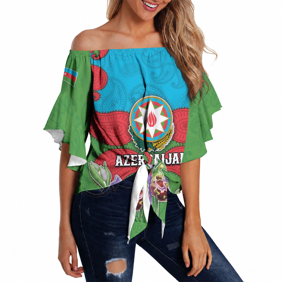 Personalized Azerbaijan Off Shoulder Wrap Waist Top Khari Bulbul Buta Pattern Emblem Flame